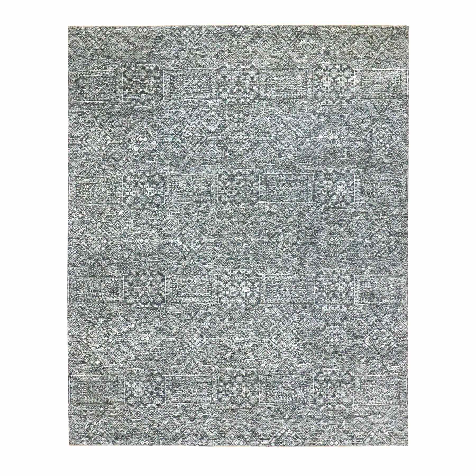 8'1"x10'1" Pebble Gray, Tone on Tone, Intricate Repetitive Geometric Design, Wool and Silk, Hand Knotted, Oriental Rug 